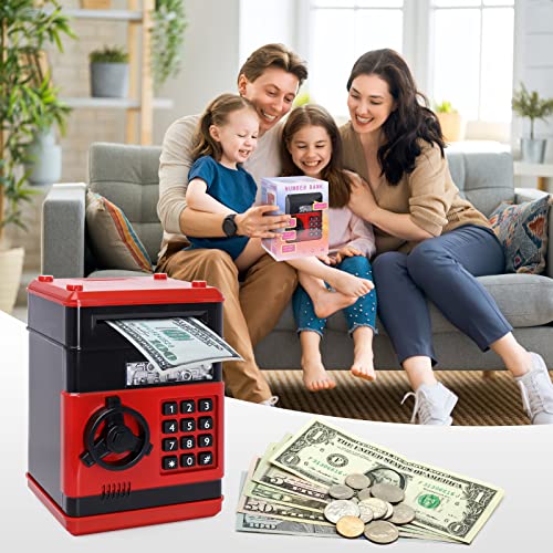 PhilaeEC Piggy Bank for Kids Money Bank, Electronic Mini ATM for Kids Baby Toy, Kids Safe Coin Banks Money Saving Box Password Code Lock Box(Black/Red) from PhilaeEC