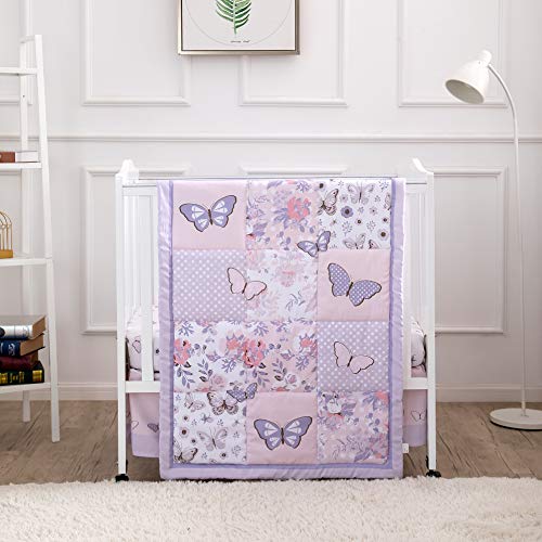 La Premura Pastel Purple Butterfly Baby Nursery Mini / Portable Crib Bedding Set for Girls, 3 Piece Crib Sets for Mini Crib, Purple and Pink from La Premura