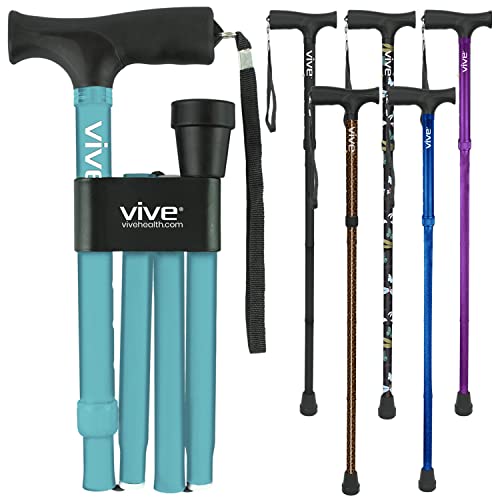 Vive Folding Cane - Foldable Walking Cane for Men, Women - Fold-up, Collapsible, Lightweight, Adjustable, Portable Hand Walking Stick - Balancing Mobility Aid - Sleek, Comfortable T Handles (Teal) by Vive Health