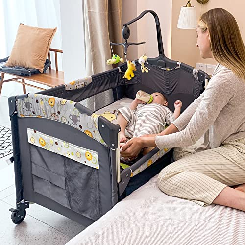 SKIH 5 in 1 Baby Bedside Sleeper, Baby Bassinet, Bedside Cribs with Toys & Music Box, Mattress, Foldable Baby Playard, Portable Travel Crib for Girl Boy Infant Newborn (Grey) from SKIH