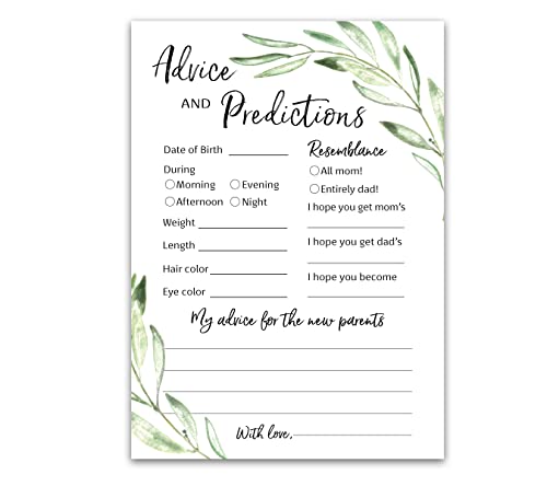 GREENERY Prediction and Advice Cards - Pack of 25 - GENDER NEUTRAL Baby Shower Games, New Parents Mom & Dad to be Mommy & Daddy Message, Rustic Floral Green Olive Branch Couples Coed Shower Activity Keepsake Book G320-PDAV by Roseum Collections