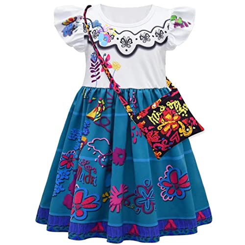 Szytypyl Little Girls Cartoon Mirabel Encanto Costume Summer Short Dress for Kids Cosplay with Bag from 