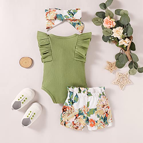 Baby Girl Clothes Infant Summer Outfit Set Ruffle Sleeve Romper Floral Pants 3PCS Bodysuit +Shorts +Headband(Green, 12-18 Months) by 
