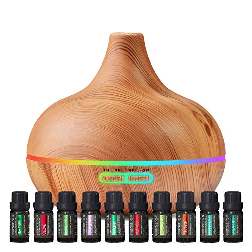 Ultimate Aromatherapy Diffuser & Essential Oil Set - Ultrasonic Diffuser & Top 10 Essential Oils - 400ml Diffuser with 4 Timer & 7 Ambient Light Settings - Therapeutic Grade Essential Oils - Lavender by Pure Daily Care