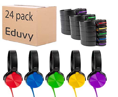 Bulk Headphones for Classroom, Pack of 24 Wired Head Phones for Kids. School Supplies for Teachers Elementary to College Students. School Headphones Pack Mixed Set by Eduvy
