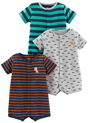 Simple Joys by Carter's Toddler Boys' Snap-up Rompers, Pack of 3, Green/Grey/Orange, Stripe/Cars, 24 Months by Carter's Simple Joys - Private Label
