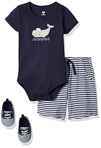 Hudson Baby Unisex Baby Cotton Bodysuit, Shorts and Shoe Set, Sailor Whale, 3-6 Months by Hudson Baby