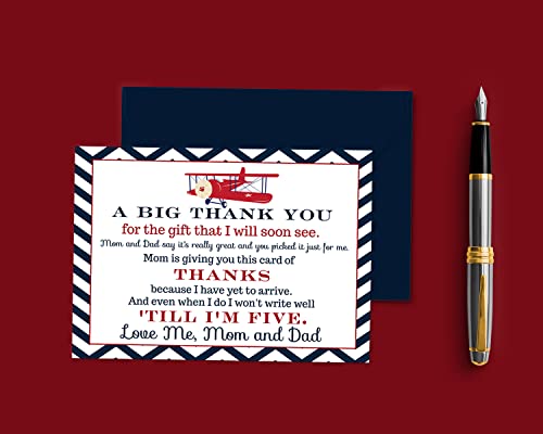 Airplane Baby Shower Thank You Cards with Envelopes (15 Pack) Landing Soon Theme Supplies Red, White and Blue â Thanks from Baby Boy - A6 Flat Stationery Set Printed (4 X 6 inches) Paper Clever Party from Paper Clever Party