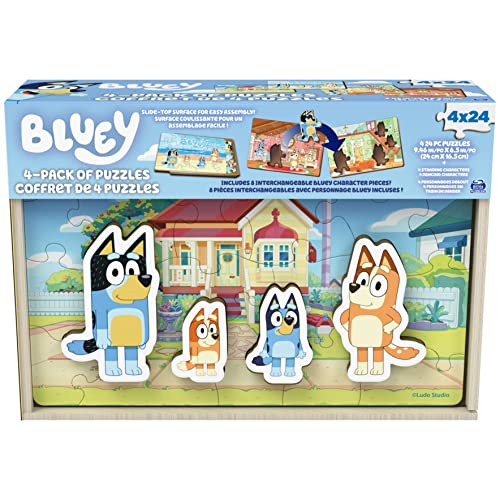 Bluey, 4-Pack of Wooden Puzzles with Bingo, Mum, and Dad Characters, 24 Piece Jigsaw Toy Gift Set, for Kids Aged 3 and up by Spin Master