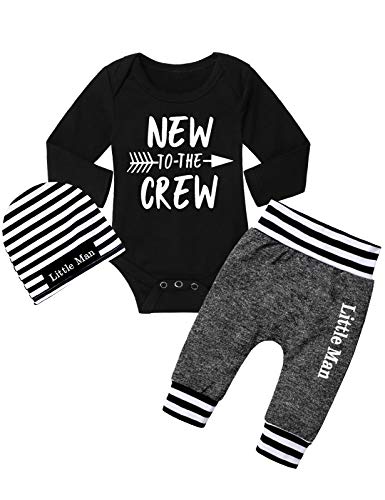 Fommy Preemie Newborn Baby Boy Clothes New to The Crew Letter Print Romper+Long Pants+Hat 3PCS Outfits Newborn ï¼Black+gray 02ï¼ from 