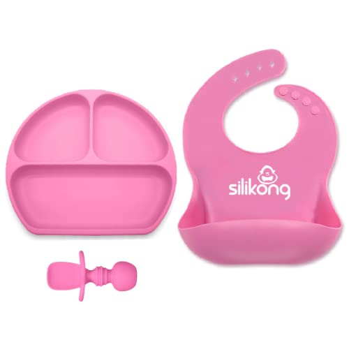 Silicone Baby Feeding Set | Suction Plate for Toddlers + Pocket Bib + Bendable Spoon | BPA Free | Dishwasher, Microwave and Oven Safe (Pink) from SiliKong