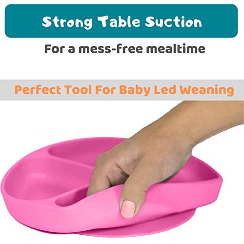 Silicone Baby Feeding Set | Suction Plate for Toddlers + Pocket Bib + Bendable Spoon | BPA Free | Dishwasher, Microwave and Oven Safe (Pink) from SiliKong