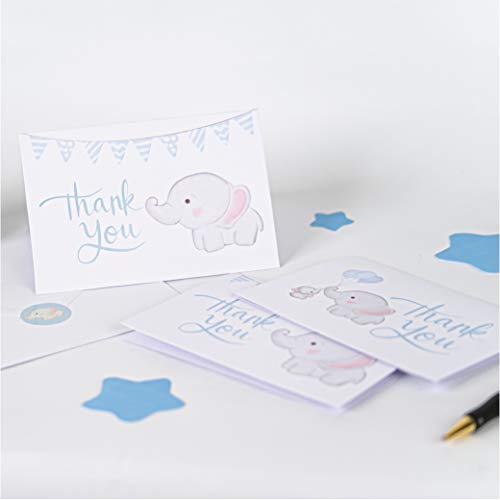 Baby Nest Designs, Baby Shower Thank You Cards Boy. Bulk Set of 50 Elephant Blue Thank You Cards with Envelopes for Small Thank You Notes - Blank Inside Baby Shower Card Pack with Sealing Stickers from Feriga Designs, LLC