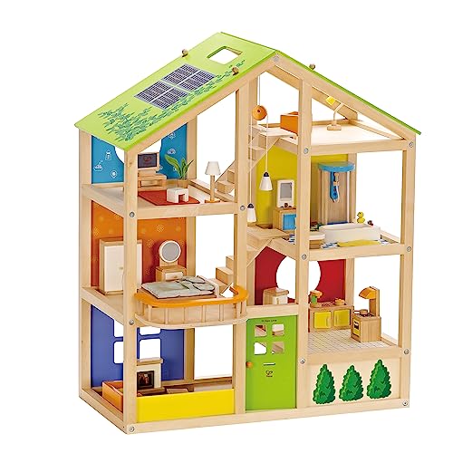 All Seasons Kids Wooden Dollhouse by Hape | Award Winning 3 Story Dolls House Toy with Furniture, Accessories, Movable Stairs and Reversible Season Theme L: 23.6, W: 11.8, H: 28.9 inch by Hape