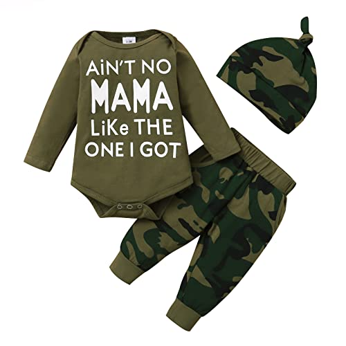 Baby Boy Clothes Newborn Boy Outfits, Infant Letter Print Romper+Long Pants+Hat 3PC Clothing Set(6M,Army Green) by 