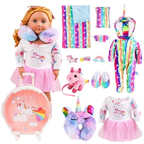 18 Inch Doll Travel Set - Unicorn Doll Accessories and Sleeping Bag Play Set with Suitcase, Unicorn Doll Clothes, Unicorn Doll Pet Fit for American Girl by MerryXGift