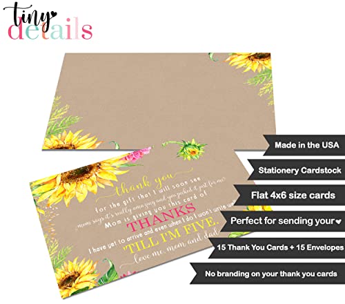 Sunflower Baby Shower Thank You Cards with Envelopes (15 Pack) Rustic, Country Fall Flower Supplies Yellow â Cute Thanks from Baby Girls - A6 Flat Stationery Set Printed (4 X 6 inches) by Paper Clever Party