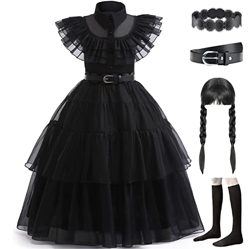 VALOZENC Wednesday Addams Costume Dress For Girls Kids Cosplay Addams Dress Up Halloween Costume With Wigs Belt 3-12Y (5-6 Years) by 