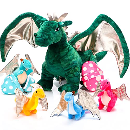 7 Pcs Dragon Plush Toy Set 16 Inch Large Dragon Stuffed Animal Zipper Dragon Toys with 4 Cute Baby Plush Dragons and 2 Eggs in Mommy Dragon's Belly for Birthday Gifts Party Favors (Cute Style) by Deekin