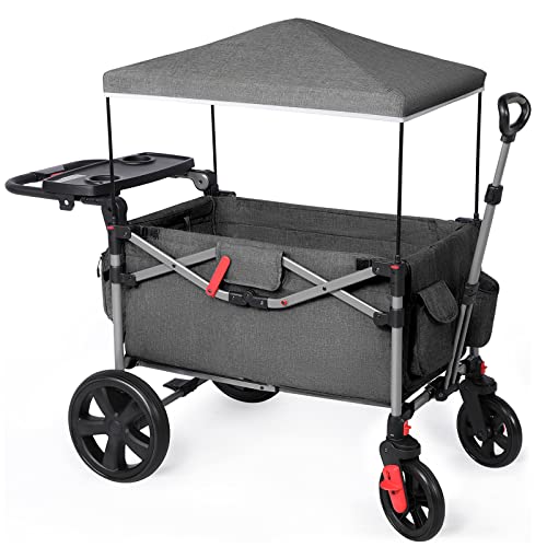 EVER ADVANCED Foldable Wagons for Two Kids & Cargo, Collapsible Folding Wagon Stroller with Adjustable Handle Bar,Removable Canopy with 5-Point Harness,Black from 