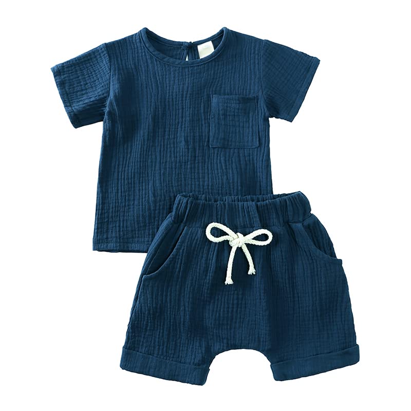 Infant Baby Boys Outfits Summer Clothes Set Cotton Linen Short Sleeve T-Shirt Tops with Pocket and Drawstring Shorts by 2Pcs Baby Boys Summer Clothing Sets