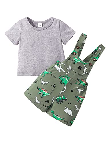 Kiluex Newborn Baby Boy Clothes Solid Shirt + Dinosaur Short Overalls with Suspender 2Pcs Outfits Setï¼A-Greenï¼3-6mï¼ by 