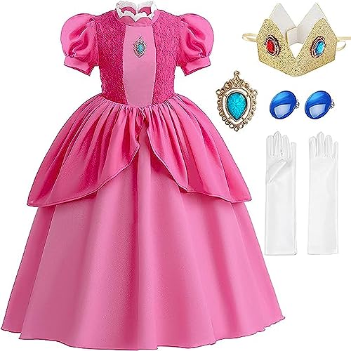 JNMTZ Girls Princess Dress Costume for Princess Peach Cosplay Costumes Pink Kids Outfits with Crown for Halloween Birthday Party from 