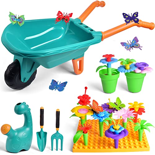 FUN LITTLE TOYS Kids Toddler Flower Gardening Building Tool Set,Kids Wheelbarrow Watering Can Pretend Educational Play Stem Toys Outdoor Indoor Toy for Ages 2 3 4 5 6 7 8 by FUN LITTLE TOYS