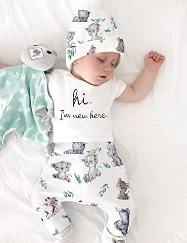 WIQI Newborn Boy Clothes White Letter Print Romper Baby Boy Summer Clothes Animal Pants Hat 3pcs Set by 
