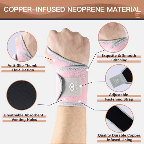 INDEEMAX 2 Pack Copper Wrist Brace Support for Carpal Tunnel, Pain Relief, Arthritis, Tendonitis, Adjustable Wrist Braces Compression Wraps Both Hands, Fit for Men and Women, Pink by LetsGoSport