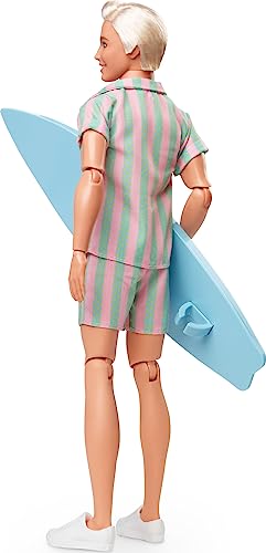 Barbie The Movie Ken Doll Wearing Pastel Pink and Green Striped Beach Matching Set with Surfboard and White Sneakers from Mattel