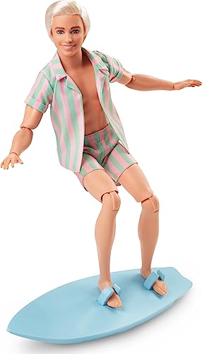 Barbie The Movie Ken Doll Wearing Pastel Pink and Green Striped Beach Matching Set with Surfboard and White Sneakers from Mattel