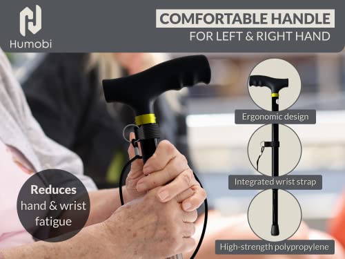Humobi Foldable Walking Cane for Men & Women - Collapsible Walking Stick with 5 Height Settings - Incl. Extra Wide Pivoting Tip for Stability by Humobi