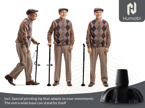 Humobi Foldable Walking Cane for Men & Women - Collapsible Walking Stick with 5 Height Settings - Incl. Extra Wide Pivoting Tip for Stability by Humobi