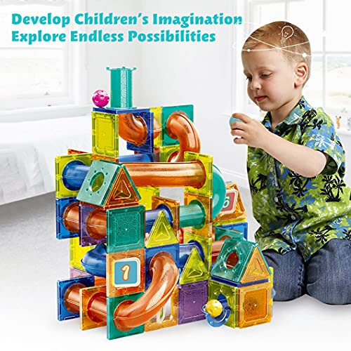 Magnetic Tiles Marble Run for Kids Ages 4-8 with Storage Bag, STEM Educational Toys 3D Strong Magnets Building Blocks Set Construction Playboards for 3 4 5 6 7 8 9 10 Year Old Boys Birthday Gift 71pcs by Destric