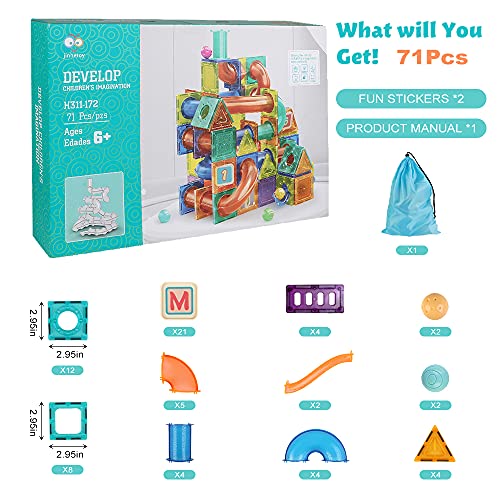 Magnetic Tiles Marble Run for Kids Ages 4-8 with Storage Bag, STEM Educational Toys 3D Strong Magnets Building Blocks Set Construction Playboards for 3 4 5 6 7 8 9 10 Year Old Boys Birthday Gift 71pcs by Destric