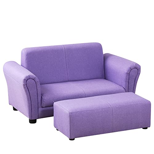 Kid Couch/Wooden Frame 2-Seater Children Chair with Big Ottoman/Toddler Couch with Two Color Joint Linen Fabric/Kid Sofa Furniture for 0-4 Years Kid Bedroom for Business Gift(Purple) by baby furniture