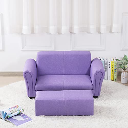 Kid Couch/Wooden Frame 2-Seater Children Chair with Big Ottoman/Toddler Couch with Two Color Joint Linen Fabric/Kid Sofa Furniture for 0-4 Years Kid Bedroom for Business Gift(Purple) by baby furniture