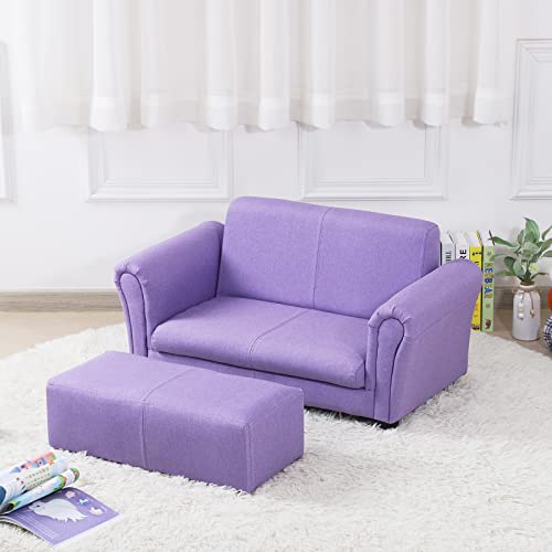Kid Couch/Wooden Frame 2-Seater Children Chair with Big Ottoman/Toddler Couch with Two Color Joint Linen Fabric/Kid Sofa Furniture for 0-4 Years Kid Bedroom for Business Gift(Purple) by baby furniture