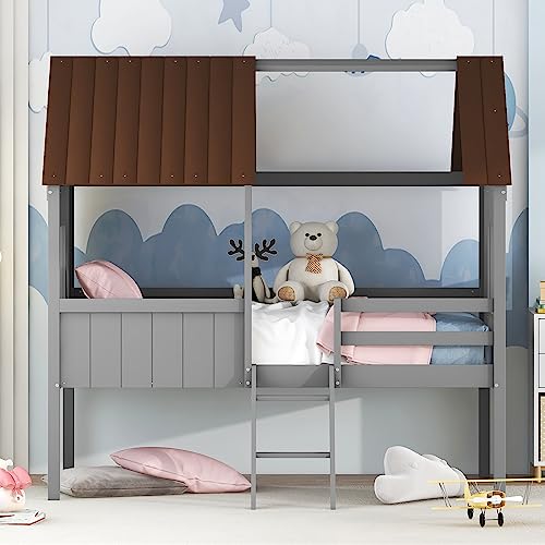 Kids House Beds, Low Loft Bed Frames Twin Size, Wood Play House Bed for Girls/Boys/Toddlers, Antique Gray with Gray by OrienÂ Life