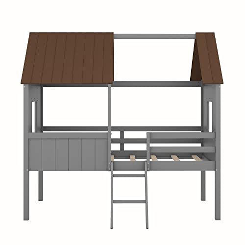 Kids House Beds, Low Loft Bed Frames Twin Size, Wood Play House Bed for Girls/Boys/Toddlers, Antique Gray with Gray by OrienÂ Life