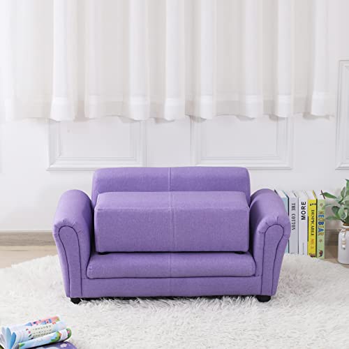 Kid Couch/Wooden Frame 2-Seater Children Chair with Big Ottoman/Toddler Couch with Two Color Joint Linen Fabric/Kid Sofa Furniture for 0-4 Years Kid Bedroom for Business Gift(Purple) by baby furniture