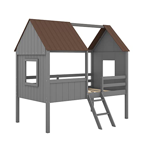 Kids House Beds, Low Loft Bed Frames Twin Size, Wood Play House Bed for Girls/Boys/Toddlers, Antique Gray with Gray by OrienÂ Life
