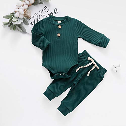Newborn Baby Boy Girl Clothes Ribbed Knitted Cotton Long Sleeve Romper Long Pants Solid Color Fall Winter Outfits (A- Green, 0-3 Months) from MA&BABY