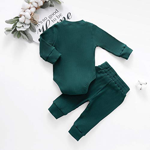 Newborn Baby Boy Girl Clothes Ribbed Knitted Cotton Long Sleeve Romper Long Pants Solid Color Fall Winter Outfits (A- Green, 0-3 Months) from MA&BABY