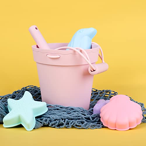 BLUE GINKGO Silicone Beach Toys - Beach Accessories for Kids - Travel Beach Bag, Sand Toy Molds, Shovel and Bucket Set - Baby Bath Water Play Toys, Toddler Outdoor Pool Summer Playset - 7pc (Pink) by BLUE GINKGO