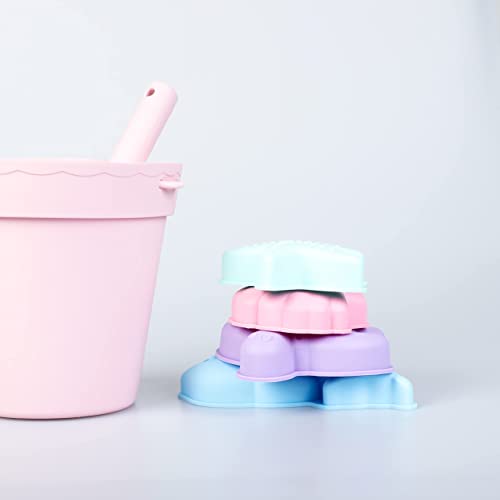 BLUE GINKGO Silicone Beach Toys - Beach Accessories for Kids - Travel Beach Bag, Sand Toy Molds, Shovel and Bucket Set - Baby Bath Water Play Toys, Toddler Outdoor Pool Summer Playset - 7pc (Pink) by BLUE GINKGO