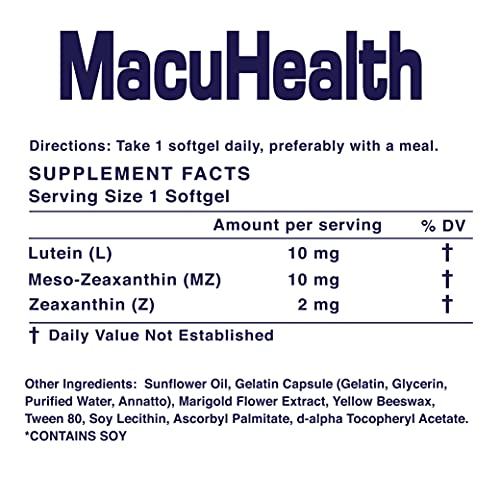 MacuHealth Triple Carotenoid Formula for Adults - Eye Vitamins Lutein and Zeaxanthin, Meso-Zeaxanthin for AMD and Dry Eyes - Complete Essentials Vitamin for Eyes (90 Softgels, 3 Month Supply) from MacuHealth, LLC