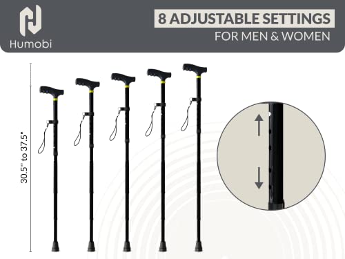 Humobi Foldable Walking Cane for Men & Women - Collapsible Walking Stick with 5 Height Settings - Incl. Extra Wide Pivoting Tip for Stability by Humobi