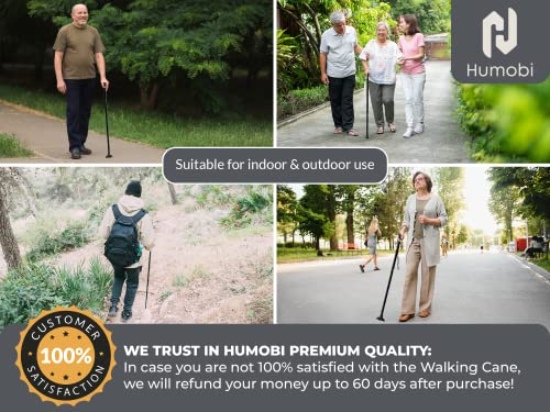 Humobi Foldable Walking Cane for Men & Women - Collapsible Walking Stick with 5 Height Settings - Incl. Extra Wide Pivoting Tip for Stability by Humobi